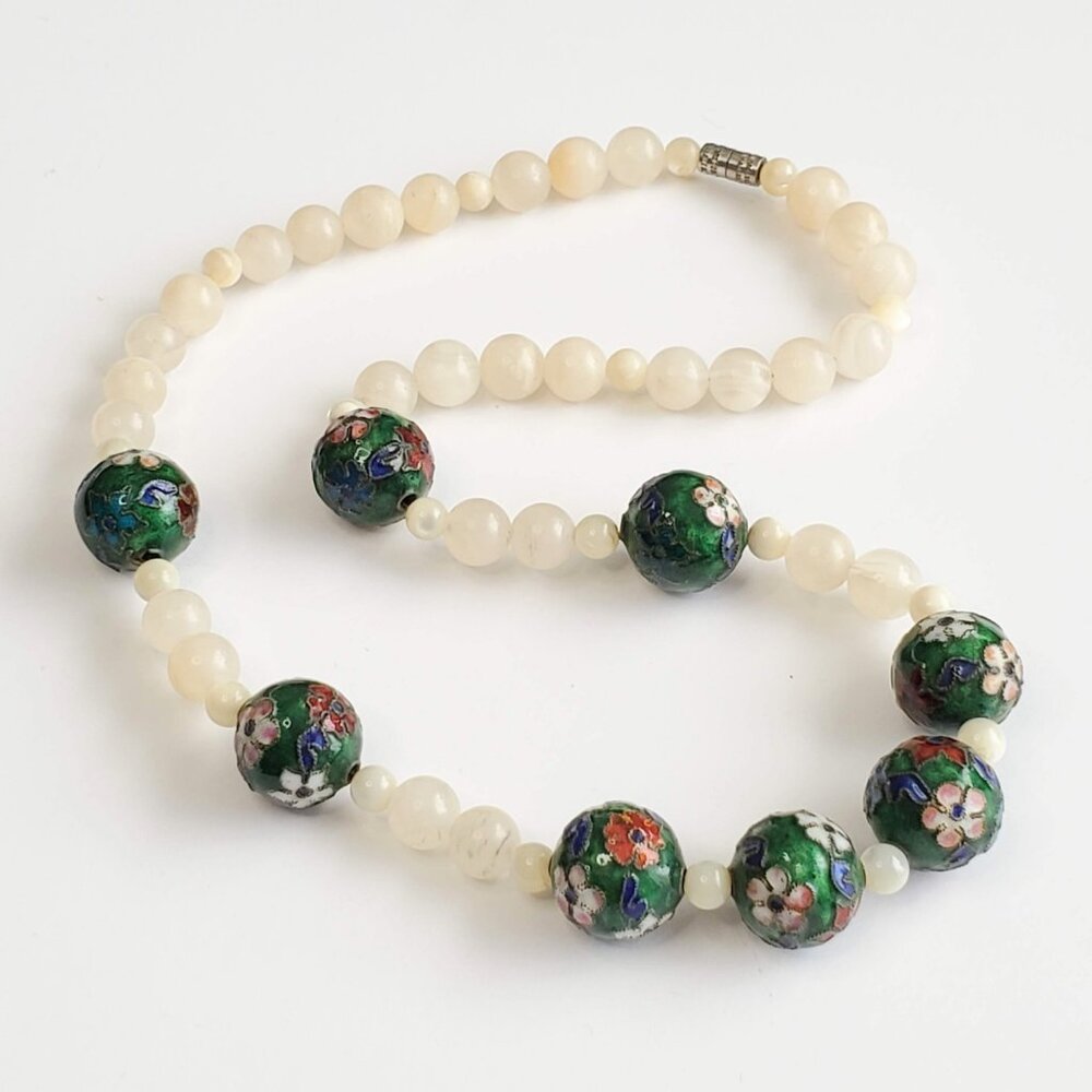 Vintage Chinese Cloisonne & Agate Stone Bead Necklace